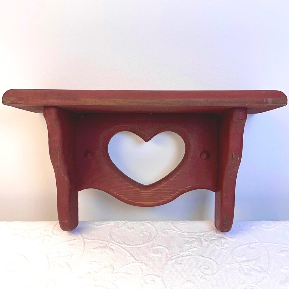Vintage 80s Rustic Barn Red Wood Wall Shelf Heart Cutout Primitive Country 12"